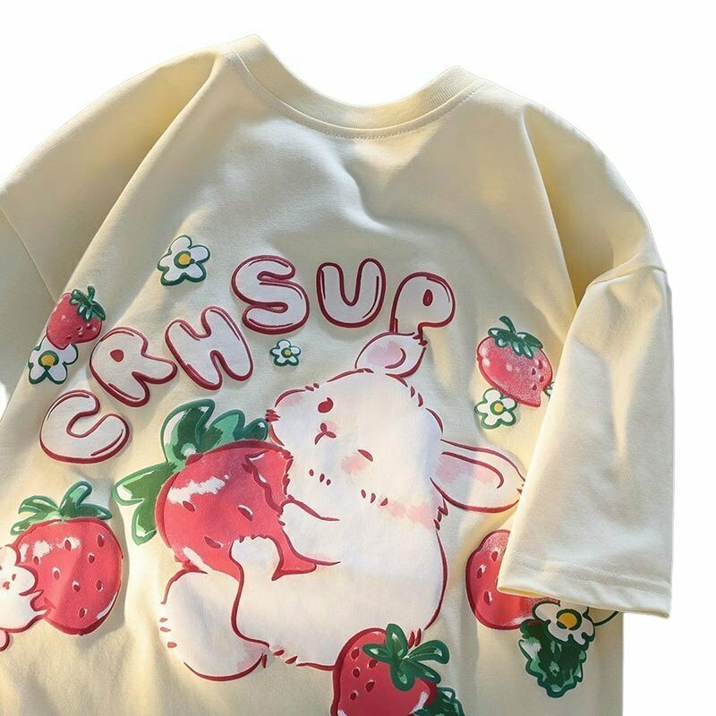 Y2K Grunge Rabbit Strawberry Print T-shirt - Retro 90s Summer Outfit, Baby Tees Y2K Style