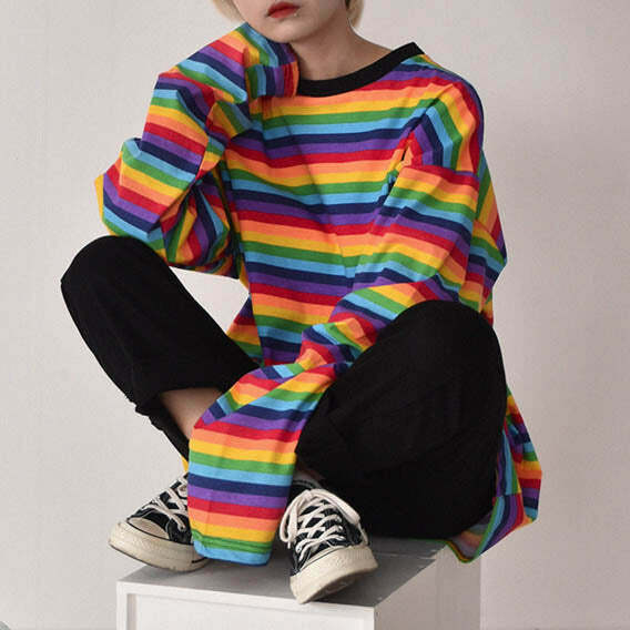 Y2K Grunge Rainbow Extra Long Sleeve Tee - 90s Fashion, Retro Style, Pastel Goth Outfits