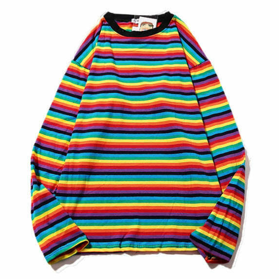 Y2K Grunge Rainbow Extra Long Sleeve Tee - 90s Fashion, Retro Style, Pastel Goth Outfits