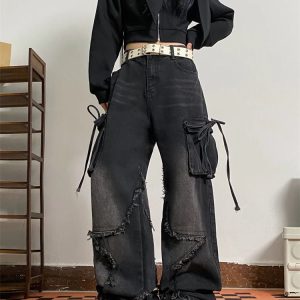 Y2K Grunge Raw Edge Cargo Jeans - 90s Fashion, Retro Style, Y2K Summer Outfits,