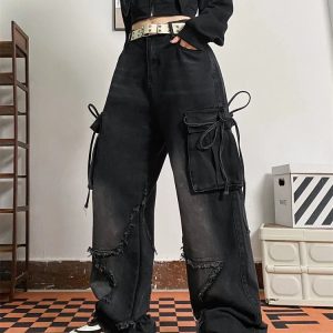 Y2K Grunge Raw Edge Cargo Jeans - 90s Fashion, Retro Style, Y2K Summer Outfits,