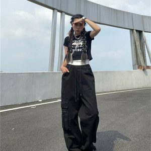 Y2K Grunge Red Cargo Wide Leg Pants - 90s Retro Summer Outfit, Y2K Club & Party Fashion