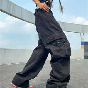 Y2K Grunge Red Cargo Wide Leg Pants - 90s Retro Summer Outfit, Y2K Club & Party Fashion