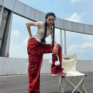 Y2K Grunge Red Cargo Wide Leg Pants - 90s Retro Summer Outfit, Y2K Club & Party Fashion