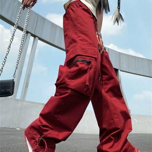 Y2K Grunge Red Cargo Wide Leg Pants - 90s Retro Summer Outfit, Y2K Club & Party Fashion