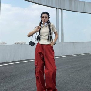 Y2K Grunge Red Cargo Wide Leg Pants - 90s Retro Summer Outfit, Y2K Club & Party Fashion