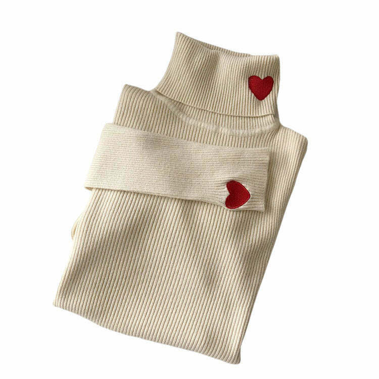 Y2K Grunge Red Heart Embroidery Turtleneck Jumper - 90s Retro Summer Outfit