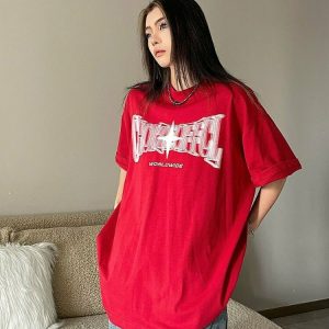 Y2K Grunge Red Kpop Vintage Star T-Shirt - 90s Retro Summer Outfit, Baby Tees, Y