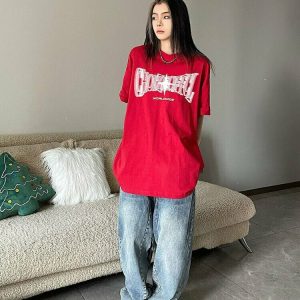 Y2K Grunge Red Kpop Vintage Star T-Shirt - 90s Retro Summer Outfit, Baby Tees, Y