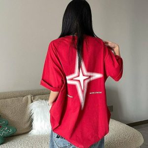 Y2K Grunge Red Kpop Vintage Star T-Shirt - 90s Retro Summer Outfit, Baby Tees, Y