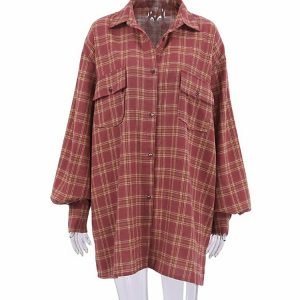 Y2K Grunge Red Plaid Shirt - 90s Fashion, Retro Style, Y2K Summer Outfits,