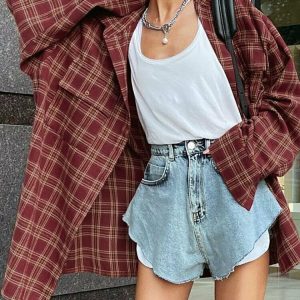 Y2K Grunge Red Plaid Shirt - 90s Fashion, Retro Style, Y2K Summer Outfits,