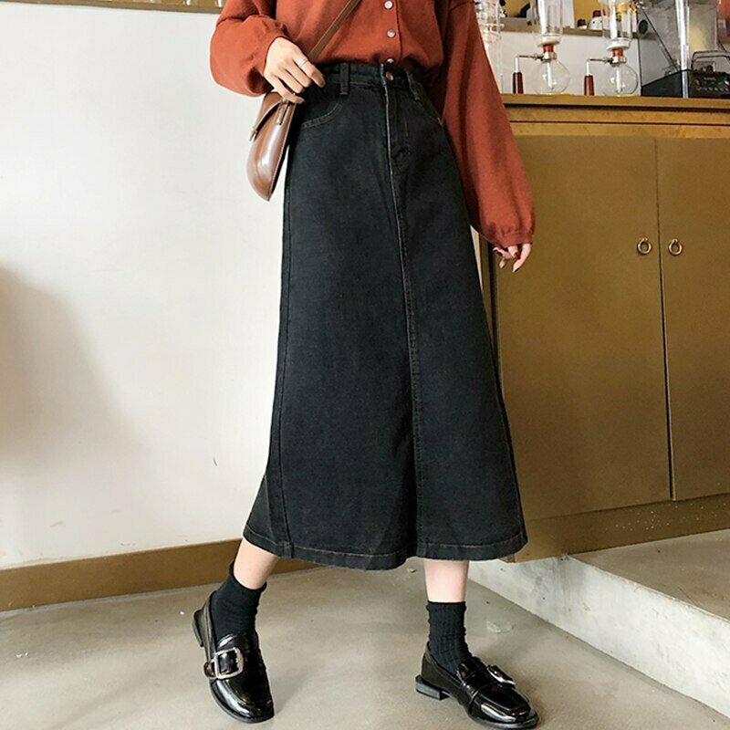 Y2K Grunge Retro Long Black Denim Skirt - 90s Fashion, Y2K Summer Outfits, Gothic