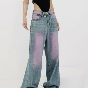 Y2K Grunge Retro Wide Leg Purple Jeans - 90s Fashion, Y2K Summer Outfits, Gothic Y