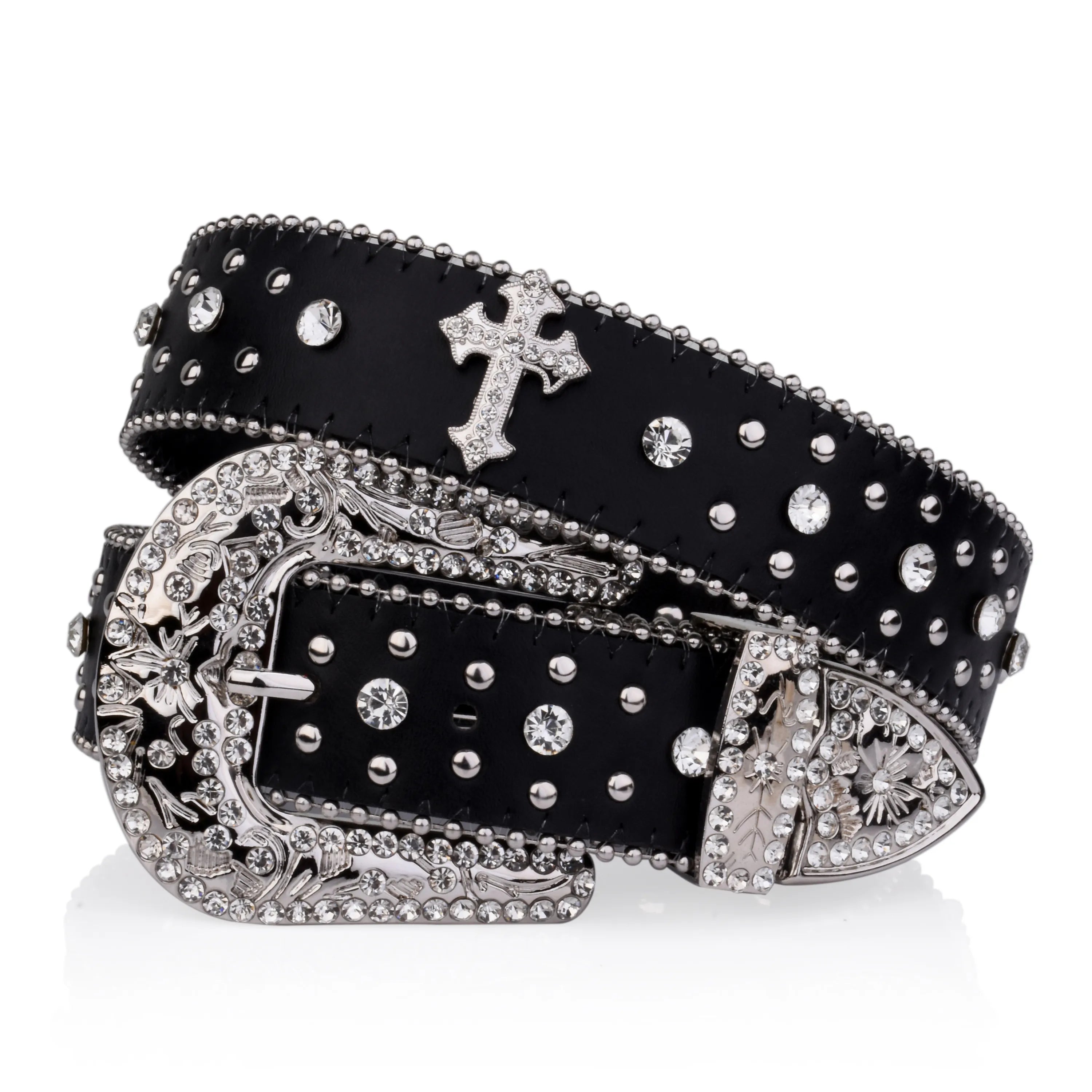 Y2K Grunge Rhinestone Cross Rivet Belt - 90s Fashion, Retro Style, Gothic Y2K Access