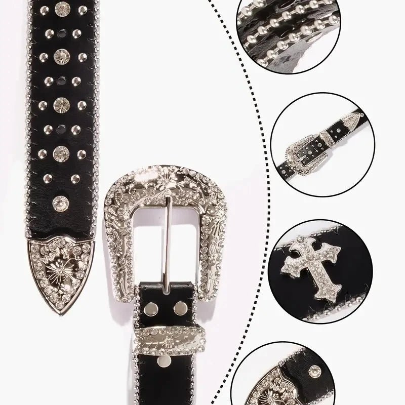 Y2K Grunge Rhinestone Cross Rivet Belt - 90s Fashion, Retro Style, Gothic Y2K Access