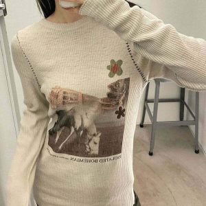 Y2K Grunge Ribbed Long Sleeve Top - 90s Fashion, Retro Style, Y2K Summer Outfits