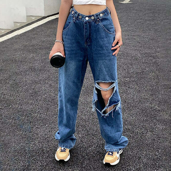 Y2K Grunge Ripped Baggy Jeans - 90s Retro Summer Outfit, Y2K Fashion, Hip Hop