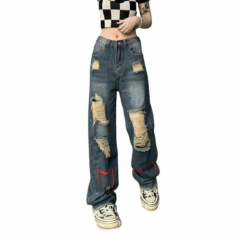 Y2K Grunge Ripped High Waist Baggy Jeans - 90s Retro Summer Outfit Essentials