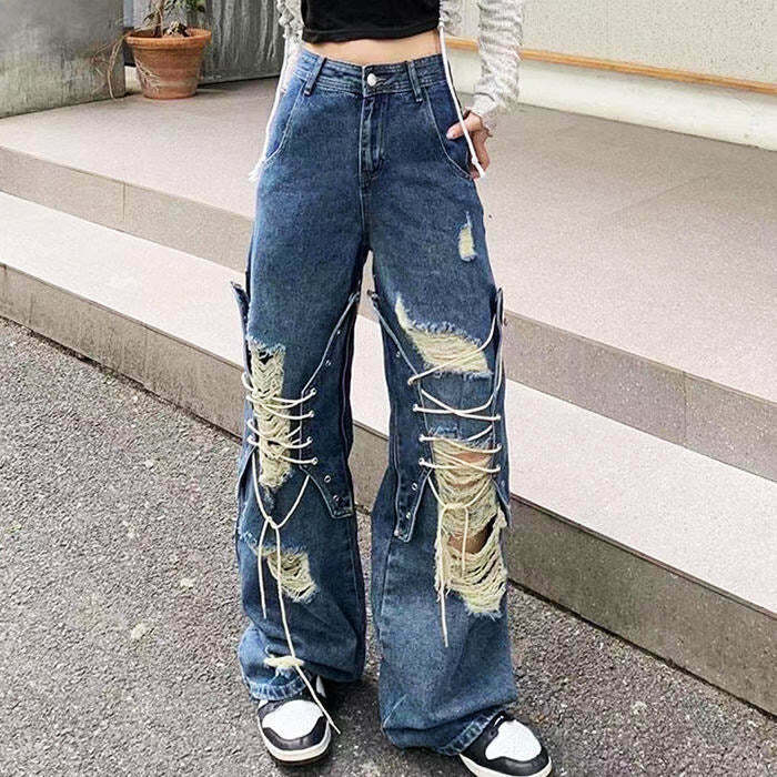 Y2K Grunge Ripped Lace-Up Baggy Jeans - 90s Retro Summer Outfit, Gothic Y2K Fashion