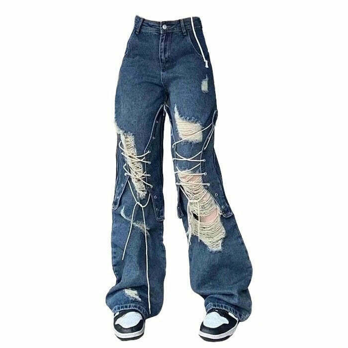 Y2K Grunge Ripped Lace-Up Baggy Jeans - 90s Retro Summer Outfit, Gothic Y2K Fashion