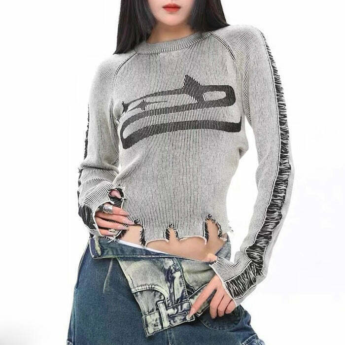 Y2K Grunge Ripped Long Sleeve Star Top - 90s Retro Summer Outfit, Gothic Y2K Fashion