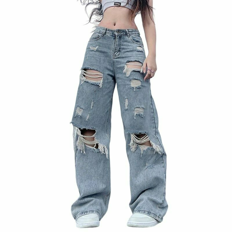 Y2K Grunge Ripped Wide Leg Cargo Pants - 90s Retro Summer Outfit, Gothic Y2K Fashion