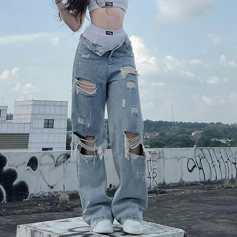 Y2K Grunge Ripped Wide Leg Cargo Pants - 90s Retro Summer Outfit, Gothic Y2K Fashion