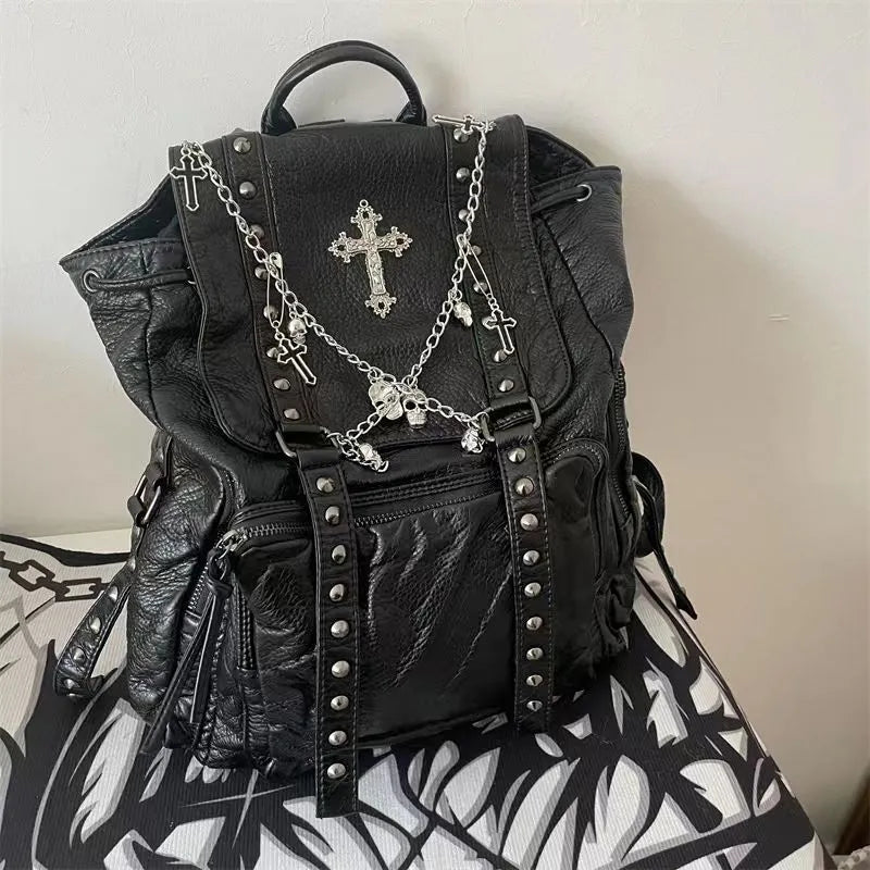 Y2K Grunge Rivet Chain Leather Backpack - Perfect for 90s and Y2K Summer Outfits