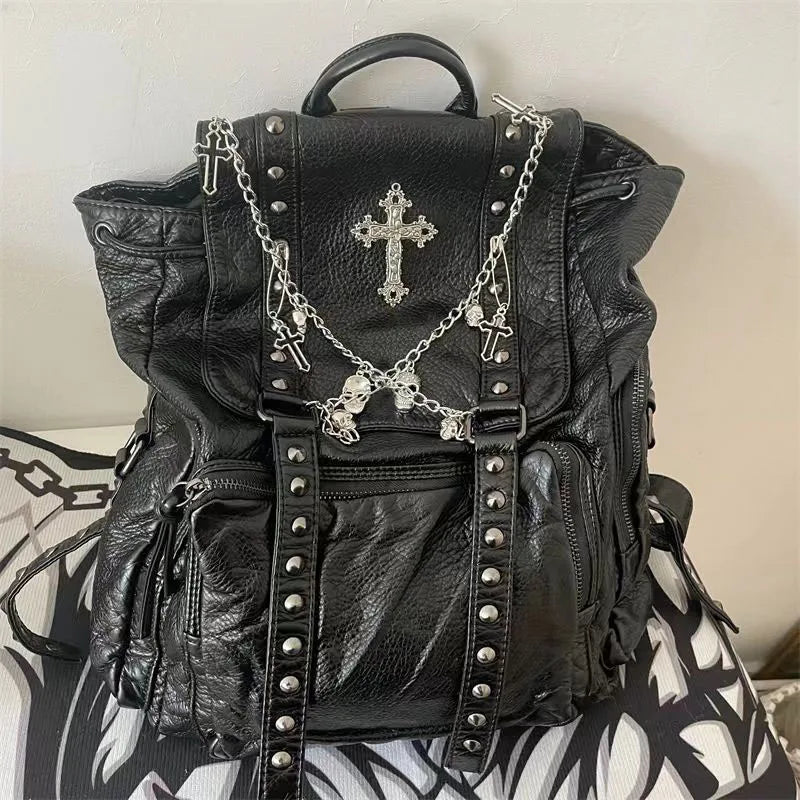 Y2K Grunge Rivet Chain Leather Backpack - Perfect for 90s and Y2K Summer Outfits