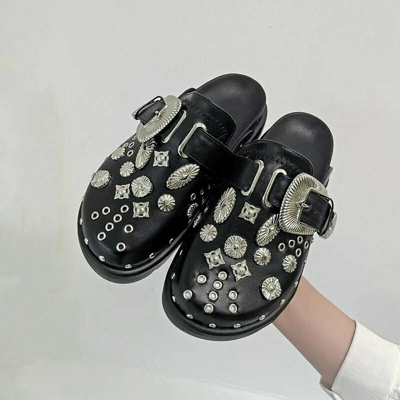 Y2K Grunge Rivets Platform Slippers - Retro 90s Fashion, Summer Y2K Outfits, Gothic