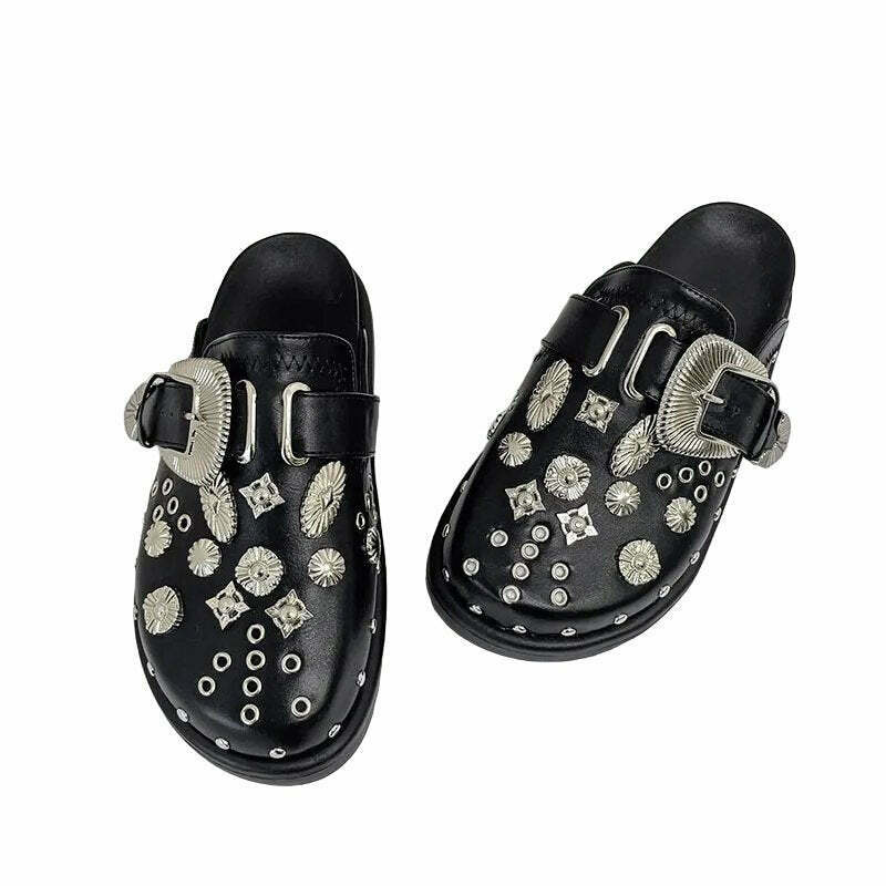 Y2K Grunge Rivets Platform Slippers - Retro 90s Fashion, Summer Y2K Outfits, Gothic