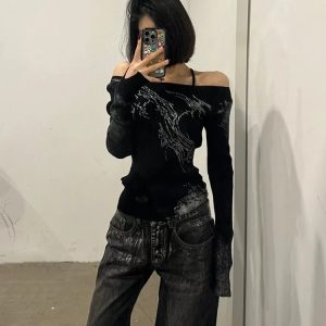 Y2K Grunge Rock Style Strap Design Jeans - 90s Retro Summer Outfit for Women