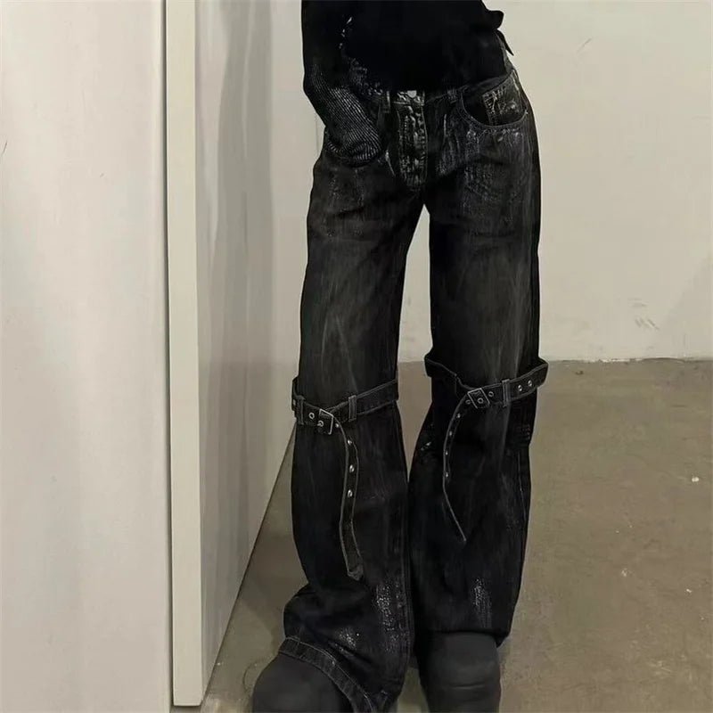 Y2K Grunge Rock Style Strap Design Jeans - 90s Retro Summer Outfit for Women