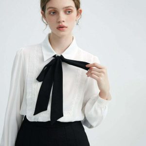 Y2K Grunge Ruffle Bow Tie Neck Shirt - Retro 90s Summer Outfit, Pastel Goth, Baby Te