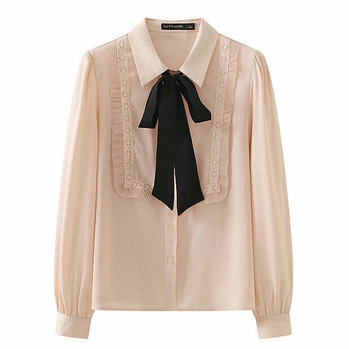 Y2K Grunge Ruffle Bow Tie Neck Shirt - Retro 90s Summer Outfit, Pastel Goth, Baby Te