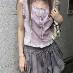 Y2K Grunge Ruffle Tank Top - Retro 90s Summer Outfit, Pastel Goth, Baby Tees,