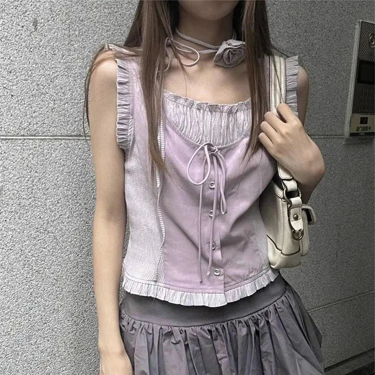 Y2K Grunge Ruffle Tank Top - Retro 90s Summer Outfit, Pastel Goth, Baby Tees,