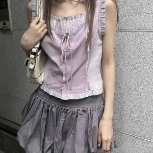 Y2K Grunge Ruffle Tank Top - Retro 90s Summer Outfit, Pastel Goth, Baby Tees,