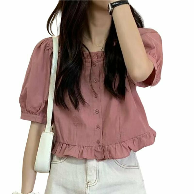 Y2K Grunge Ruffles Button Up Blouse - Retro 90s Summer Outfit, Pastel Goth Top