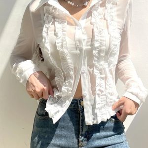 Y2K Grunge Ruffles Patchwork Mesh Blouse - Retro 90s Summer Outfit, Pastel Goth Top