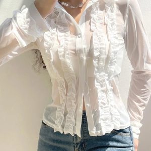 Y2K Grunge Ruffles Patchwork Mesh Blouse - Retro 90s Summer Outfit, Pastel Goth Top