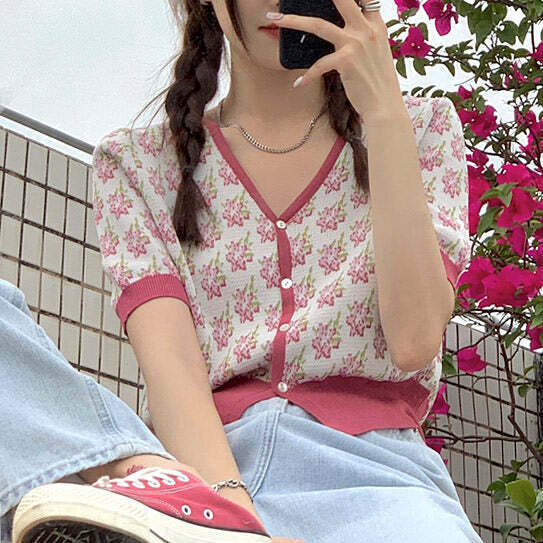 Y2K Grunge Secret Garden Button Up Top - 90s Fashion, Retro Summer, Pastel Goth Style