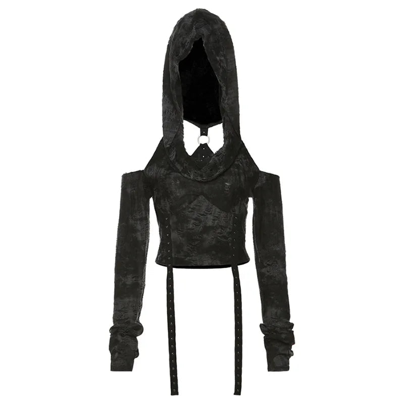 Y2K Grunge Shadow Cloak Crop Hoodie - Retro 90s Fashion, Summer Y2K Outfits, Gothic