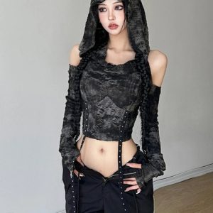 Y2K Grunge Shadow Cloak Crop Hoodie - Retro 90s Fashion, Summer Y2K Outfits, Gothic