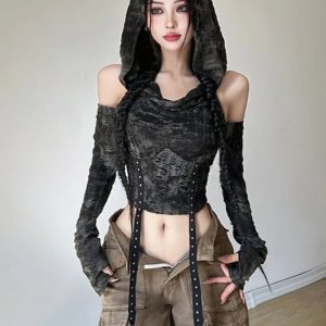 Y2K Grunge Shadow Cloak Crop Hoodie - Retro 90s Fashion, Summer Y2K Outfits, Gothic