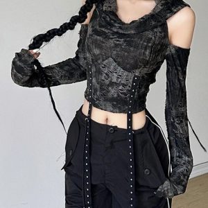 Y2K Grunge Shadow Cloak Crop Hoodie - Retro 90s Fashion, Summer Y2K Outfits, Gothic