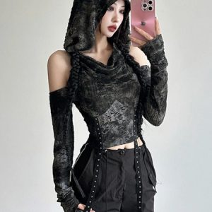 Y2K Grunge Shadow Cloak Crop Hoodie - Retro 90s Fashion, Summer Y2K Outfits, Gothic