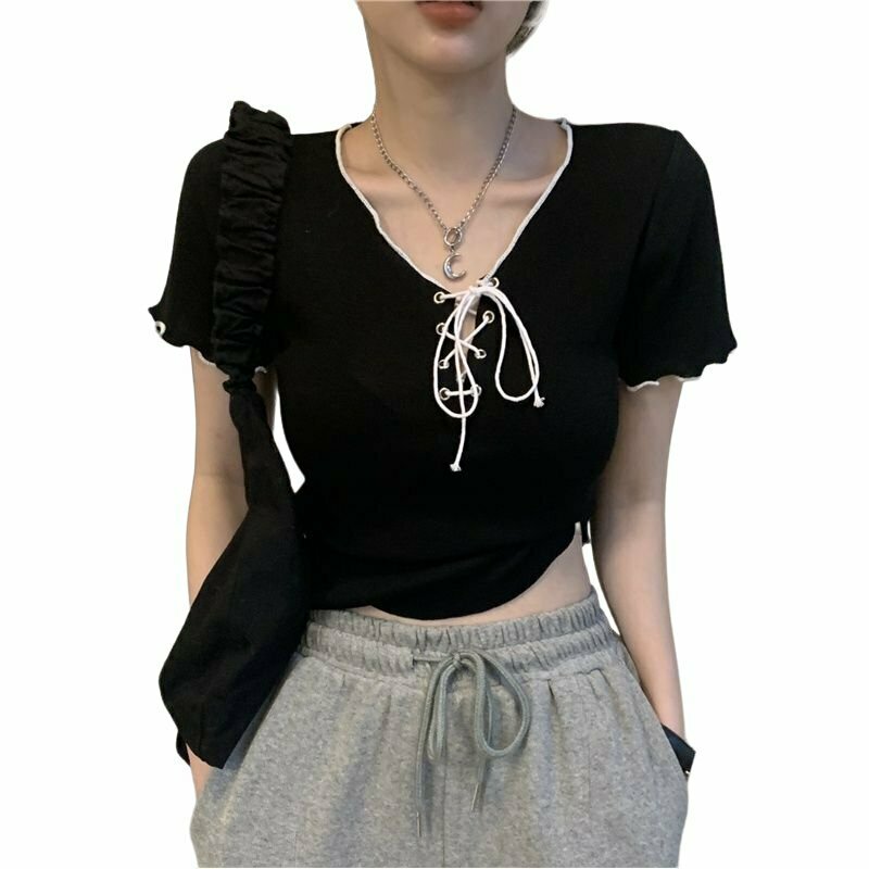 Y2K Grunge Short Sleeve Bandage Crop Top - 90s Retro Summer Outfit, Pastel Goth Style