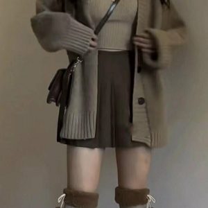 Y2K Grunge Single-Breasted Oversize Cardigan + Mini Pleated Skirt Set - 90s Retro